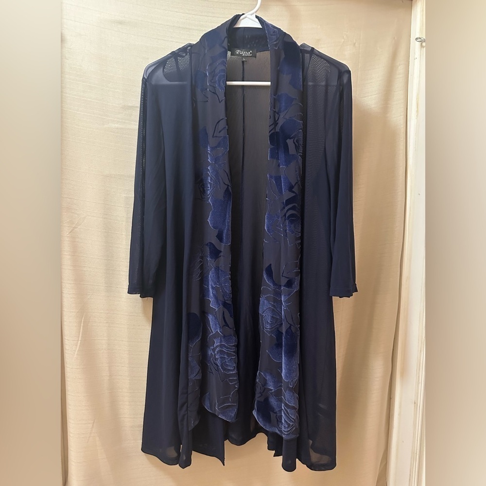 Papa Vancouver Navy Blue Sheer Floral Velvet Kimono Cardigan Large Floral